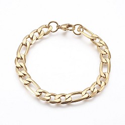 Golden Ion Plating(IP) 304 Stainless Steel Figaro Chain Bracelets, with Lobster Claw Clasps, Golden, 8-1/8 inch(20.7cm), 8.5mm