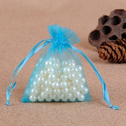Deep Sky Blue Organza Jewellery Storage Pouches, Wedding Favour Party Mesh Drawstring Gift Bags, Rectangle, Deep Sky Blue, 9x7cm