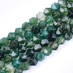 Verde Ágata natural de hebras, teñido, facetados, cuentas redondas con corte de estrella, verde, 9~10x9~10x9~10 mm, agujero: 1 mm, sobre 37 unidades / cadena, 14.5 pulgada