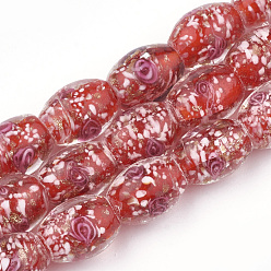 Rouge Perles au chalumeau de sable d'or faites à la main , fleur intérieure, tambour, rouge, 15~17x11~13mm, Trou: 1.5~2mm