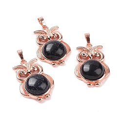 Blue Goldstone Synthetic Blue Goldstone Pendants, Owl Charms, with Rose Gold Tone Rack Plating Brass Findings, 35x23.5x8~9mm, Hole: 8x5mm