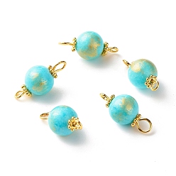 Turquoise Natural Mashan Jade Connector Charms, Round Links with Golden Plated Alloy and Brass Findings, Turquoise, 18x8.5mm, Hole: 1.6~2.7mm