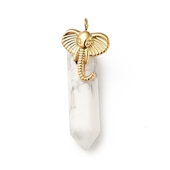 Howlite Elephant Natural Howlite Pointed Pendants, with Ion Plating(IP) Platinum & Golden Tone 304 Stainless Steel Findings, Faceted Bullet Charm, 42mm, Elephant: 19x14x3.5mm, Bullet: 32.5x8x8.5mm, Hole: 2.7mm