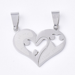 Stainless Steel Color 201 Stainless Steel Split Pendants, for Lovers, Heart with Heart, with Word I Love You, For Valentine's Day, Stainless Steel Color, 23.5x29x1mm, Hole: 8x4mm