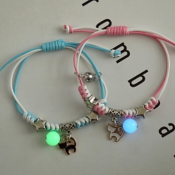 Cat Shape 2Pcs 2 Color Luminous Beads & Alloy Enamel Charms Bracelets Set, Glow In The Dark Magnetic Charms Couple Bracleets for Best Friends Lovers, Cat Pattern, 5-7/8~11-3/4 inch(15~30cm), 1Pc/color