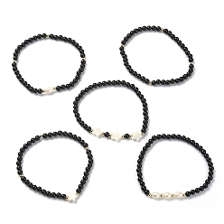 Black Stone 5Pcs 5 Style Synthetic Black Stone & Pearl & Shell Star Beaded Stretch Bracelets Set, Inner Diameter: 1-3/4~1-3/4 inch(4.3~4.5cm), 1Pcs/style