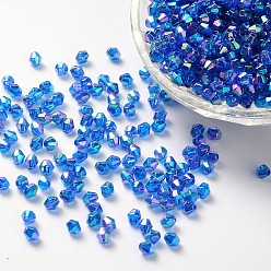Bleu Perles acryliques transparentes écologiques plaquées couleur bicône ab, bleu, 4x4mm, Trou: 1mm, environ16600 pcs / 500 g