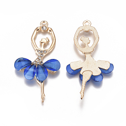Blue Alloy Big Pendants, with Resin & Crystal Rhinestone, Faceted, Ballerina, Golden, Blue, 59~60x30~31x4.5mm, Hole: 2.5mm