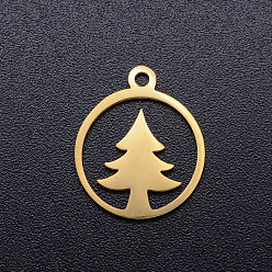 Golden 304 Stainless Steel Hollow Pendants, Ring with Christmas Tree, Golden, 15x13x1mm, Hole: 1.5mm
