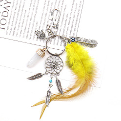 Jaune Porte-clés pendentif en alliage et verre, avec l'anneau de la clé de fer, gland de plumes, filet/toile tissé avec plume et balle et main hamsa, jaune, 10 cm