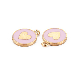 Pink Alloy Enamel Pendants, Cadmium Free & Lead Free, Light Gold, Flat Round with Heart, Pink, 16x13x2mm, Hole: 1.6mm
