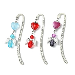 Mixed Color 3Pcs 3 Colors Glass Bead Heart Angel Bookmarks, Tibetan Style Alloy Hook Bookmarks, Mixed Color, 83x15mm, 1pc/color