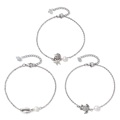 Antique Silver 3Pcs 3 Style Turtle & Shell & Starfish Alloy Link Anklets Set with 304 Stainless Steel Cable Chains, Natural Aquamarine Chips Stackable Anklets, Antique Silver, 8-5/8~8-7/8 inch(21.8~22.4cm), 1Pc/style