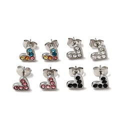Mixed Color Heart 304 Stainless Steel Rhinestone Stud Earrings, 316 Surgical Stainless Steel Pin Ear Studs, with Ear Nuts, Stainless Steel Color, Mixed Color, 7x8.5mm, Pin: 0.7mm