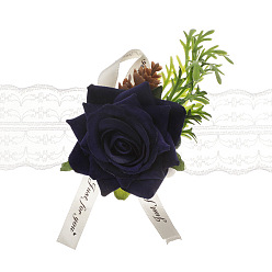 Bleu De Prusse Corsage de poignet en tissu de soie imitation rose, fleur à la main pour la mariée ou la demoiselle d'honneur, mariage, décorations de fête, null, 80x80mm
