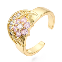 Pink Cubic Zirconia Moon with Flower Open Cuff Ring, Real 18K Gold Plated Brass Jewelry for Women, Nickel Free, Pink, US Size 8(18.1mm)