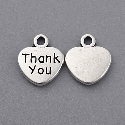 Antique Silver Tibetan Style Alloy Charms, Heart with Word Thank you, Lead Free & Cadmium Free, Antique Silver, 12x11x2mm, Hole: 1.5mm