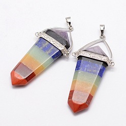 Mixed Stone Natural Gemstones Pendants, with Brass Findings, Cone Pendulum, Platinum, 55~65x29x6mm, Hole: 5x7mm