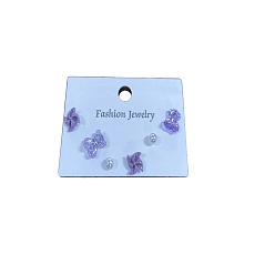 Púrpura Media Juego de aretes de resina redondos y de oso ostentoso y mariposa para niñas y mujeres, con 925 alfileres chapados en plata esterlina, púrpura medio, 4~9x4~7.5x2~4.5 mm, pin: 0.7 mm, 3 pares / set