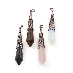 Mixed Stone Natural & Synthetic Mixed Gemstone Big Pointed Pendants, with Brass Bead Cap Bails, Bullet, Red Copper, 68~75x15~16mm, Hole: 8x5mm