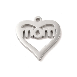 Cœur Thème de la fête des mères 304 pendentifs en acier inoxydable, couleur inox, coeur avec mot maman charmes, cœur, 16.5x15.5x1.3mm, Trou: 1.5mm