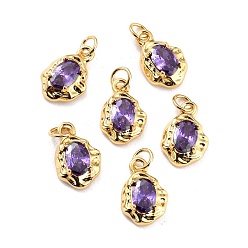 Purple Brass Micro Pave Cubic Zirconia Pendant, Long-Lasting Plated, Real 18K Gold Plated, Oval, Purple, 12x8x3mm, Hole: 2.6mm