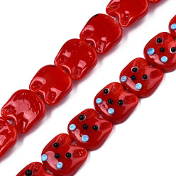 Red Handmade Lampwork Beads, Cat's Head, Red, 15~16x16~16.5x7mm, Hole: 1.2mm, about 25pcs/strand, 14.37 inch(36.5cm)