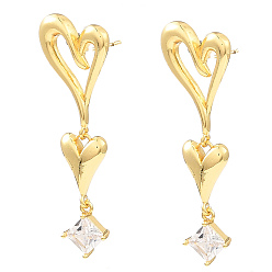 Real 18K Gold Plated Rack Plating Brass Heart Dangle Stud Earrings with Cubic Zirconia, Cadmium Free & Lead Free, Real 18K Gold Plated, 50x16mm