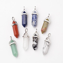 Mixed Stone Natural Mixed Gemstone Double Terminated Pointed Pendants, with Random Alloy Pendant Hexagon Bead Cap Bails, Bullet, Platinum, 36~45x12mm, Hole: 3x5mm, Gemstone: 10mm in diameter