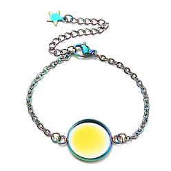 Rainbow Color Ion Plating(IP) 304 Stainless Steel Bracelet Making, with Lobster Claw Clasps, Cable Chains and Flat Round Cabochon Settings, Rainbow Color, Tray: 16mm, 5-5/8 inch(14.4cm)