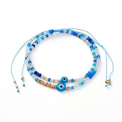Bleu Dodger Ensembles de bracelets de perles tressés avec cordon de nylon réglable, avec le mal de perles au chalumeau des yeux, perles de rocaille en verre fgb, perles de verre dépoli et perles de laiton texturées, Dodger bleu, diamètre intérieur: 2~4 pouce (5.2~10.2 cm), 2 pièces / kit