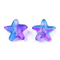 Blue Transparent Spray Painted Glass Beads, Two Tone, Starfish, Blue, 14x15x6.5mm, Hole: 1mm
