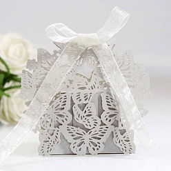 Gris Oscuro Cajas de cartón de dulces de boda plegables creativas, pequeñas cajas de regalo de papel, mariposa hueca con cinta, gris oscuro, pliegue: 6.3x4x4 cm