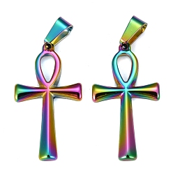 Rainbow Color Revestimiento iónico (ip) 304 colgantes de acero inoxidable, para la fabricación de la joyería, cruz ankh, color del arco iris, 30x16x2 mm, agujero: 4.5x7 mm