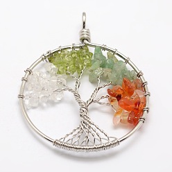 Mixed Stone Tree of Life Mixed Stone Bead Brass Wire Wrapped Big Pendants, Cadmium Free & Nickel Free & Lead Free, 50~64x48~52x5~8mm, Hole: 3~6mm