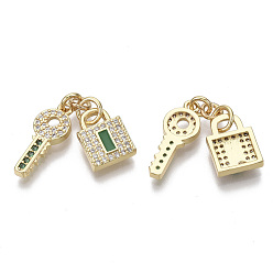 Green Brass Micro Pave Cubic Zirconia Pendants, with Enamel and Jump Rings, Nickel Free, Lock & Key, Real 16K Gold Plated, Green, Lock: 11x8x2.5mm, Key: 16x6.5x2mm, Hole: 3mm