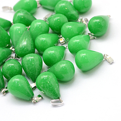 Jade Malais Pendentifs en jade de Malaisie naturelle en forme de larme, avec les accessoires en laiton de tonalité de platine, 21~24x12~14mm, Trou: 2x7mm