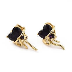 Black Cubic Zirconia Heart with Bowknot Stud Earrings, Real 18K Gold Plated Brass Jewelry for Women, Black, 20x13mm, Pin: 0.7mm