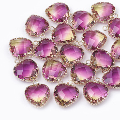 Violet K 9 pendentifs en verre, imitation de tourmaline, avec les accessoires en laiton de tonalité d'or, facette, cœur, violette, 20x16.5x8mm, Trou: 2mm