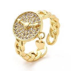 Настоящее золото 18K Часы из прозрачного кубического циркония с подвеской в виде сердца, открытое кольцо-манжета, украшения из латуни для женщин, реальный 18 k позолоченный, размер США 7 1/4 (17.5 мм)