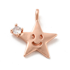 Rose Gold Star with Smiling Face Brass Micro Pave Clear Cubic Zirconia Pendants, Cadmium Free & Lead Free, Rose Gold, 17x16x2.8mm, Hole: 1.8mm