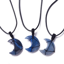 Blue Aventurine Adjustable Natural Blue Aventurine Moon Pendant Necklace, Wax Cord Macrame Pouch Braided Gemstone Jewelry for Women, 29.37~29.69 inch(74.6~75.4cm)