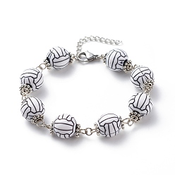 Volleyball Sport Ball Theme Acrylic Round Beaded Bracelet, 304 Stainless Steel Jewelry for Men Women, Platinum, Volleyball Pattern, 7-1/4 inch(18.5cm)