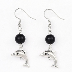 Noir Alliage Pendants d'oreilles, avec des perles en verre et des crochets de boucles d'oreilles en laiton, dauphin, noir, 50mm, pin: 0.6 mm