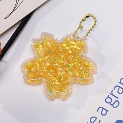 Gold Sakura Acrylic Quicksand Keychain, Glitter Chasing Pendant Decorations Sticker Keychain, with Ball Chains, Gold, 6.5x6.5cm