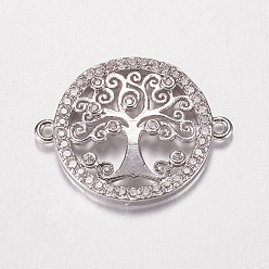 Platinum Brass Micro Pave Cubic Zirconia Links, Clear, Flat Round with Tree of Life, Platinum, 16x20.5x2.5mm, Hole: 1mm