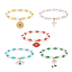 Mixed Color Acrylic Beaded Stretch Bracelet with Alloy Enamel Charms for Women, Mixed Color, Inner Diameter: 2-1/8 inch(5.3cm)