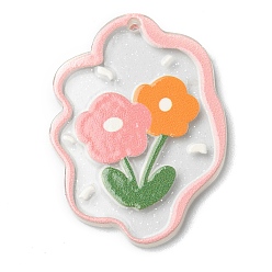Pink Poudre de poussière de paillettes transparente, pendentifs acryliques, fleur, rose, 39x28.5x2mm, Trou: 1.8mm