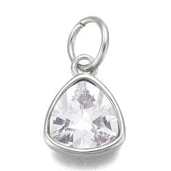 Clear 304 Stainless Steel Cubic Zirconia Pendant, Triangle, Stainless Steel Color, Clear, 12.5x9.5x5mm, Hole: 5mm