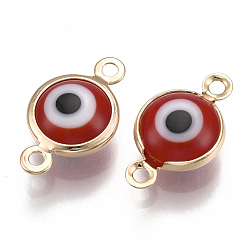 Red Brass Links connectors, with Enamel, Flat Round with Evil Eye, Nickel Free, Real 18K Gold Plated, Red, 15x9x5.5mm, Hole: 1mm